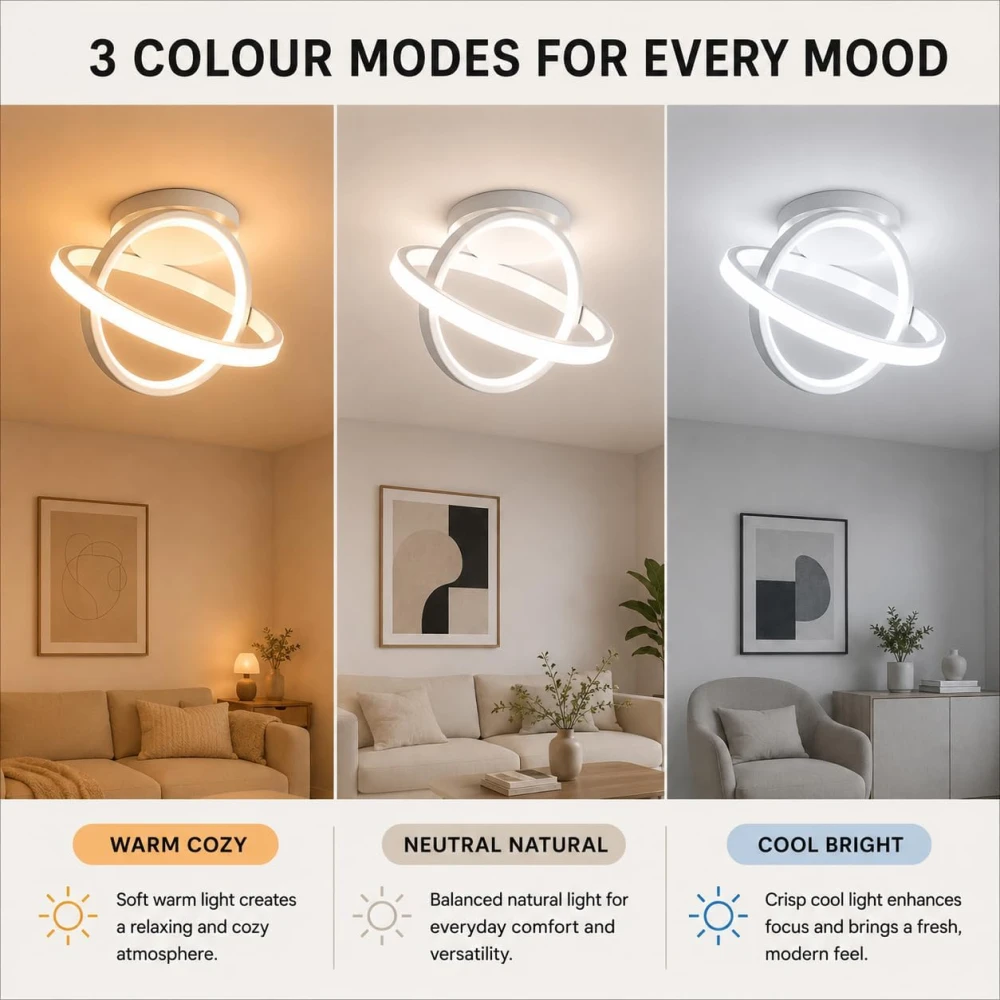 Chandelier Light for Ceiling 50W | 23 cm Circular Ring Ceiling Light, Flush Mounted LED Lamp for Living Room, Hall & Bedroom | 3-in-1 Color Changing, Flicker-Free Soft Ambient Light