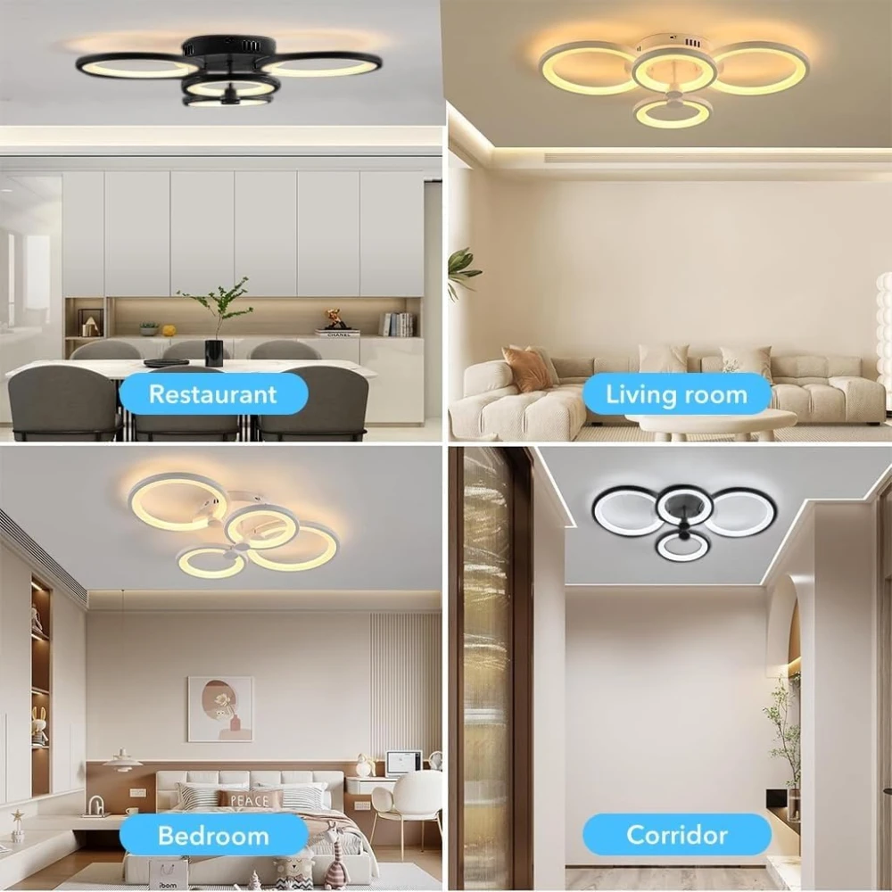 PRMOAGEN 36W Dimmable Chandelier Lights for Ceiling, 3-Color Round LED Ceiling Lights with Remote Control, Flush Mount Fancy Lights Fixture with 4 Rings for Living Room, Bedroom (2800-6000k)