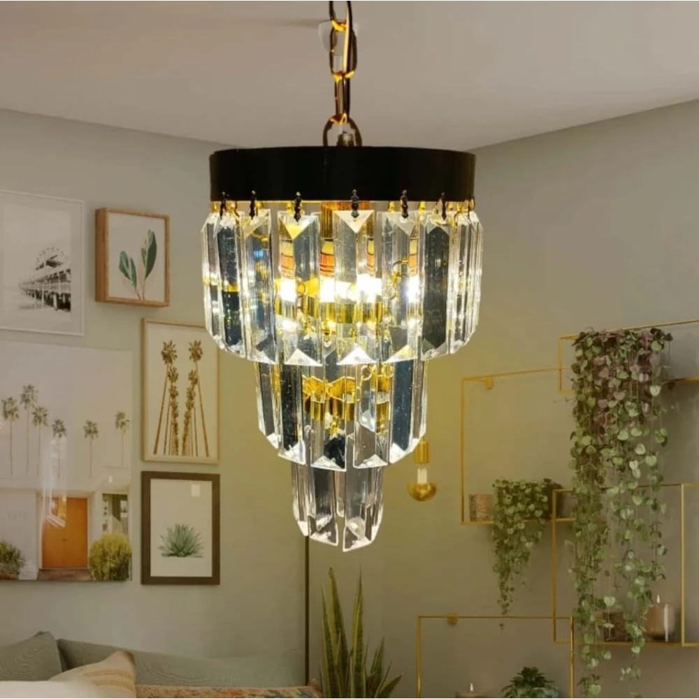 PRMOAGEN Round 160mm Crystal Chandelier for Home Decor, Jhumar for Ceiling, Bulb Included Chandelier Ceiling Lamp (Gold)