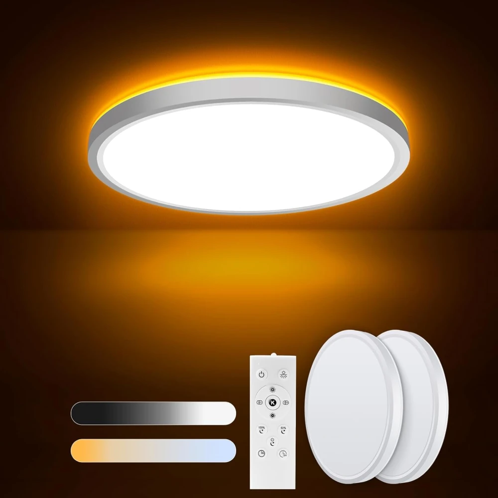 LED Light Dimmable with Remote Control - 18 W Diameter 22 cm Ceiling Light + 1700 K Night Light in Warm White - LED Ceiling Light Flat for Living Room, Bedroom and Hallway (White, Pack