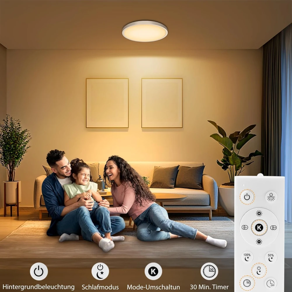 LED Light Dimmable with Remote Control - 18 W Diameter 22 cm Ceiling Light + 1700 K Night Light in Warm White - LED Ceiling Light Flat for Living Room, Bedroom and Hallway (White, Pack