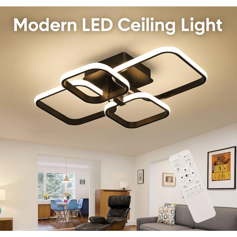 PRMOAGEN 36W Dimmable Modern LED Ceiling Chandelier Light with Remote Control | 3 Colour Temperature (3000K/6500K) Flush Mount Fancy Square Ring Ceiling Lamp for Living Room Bedroom Hall Office
