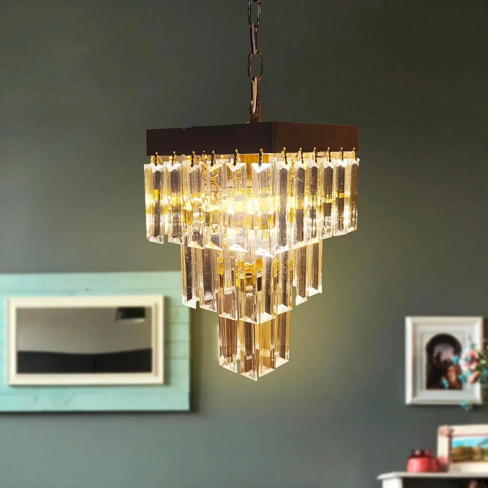 PRMOAGEN Square Shaped 9 Inches Modern Crystal Chandelier, Jhumar for Home Decoration, Chandelier for Hall/Balcony/Living Room/Bedroom, Ceiling Hanging Lights, Golden (Bulb Included)