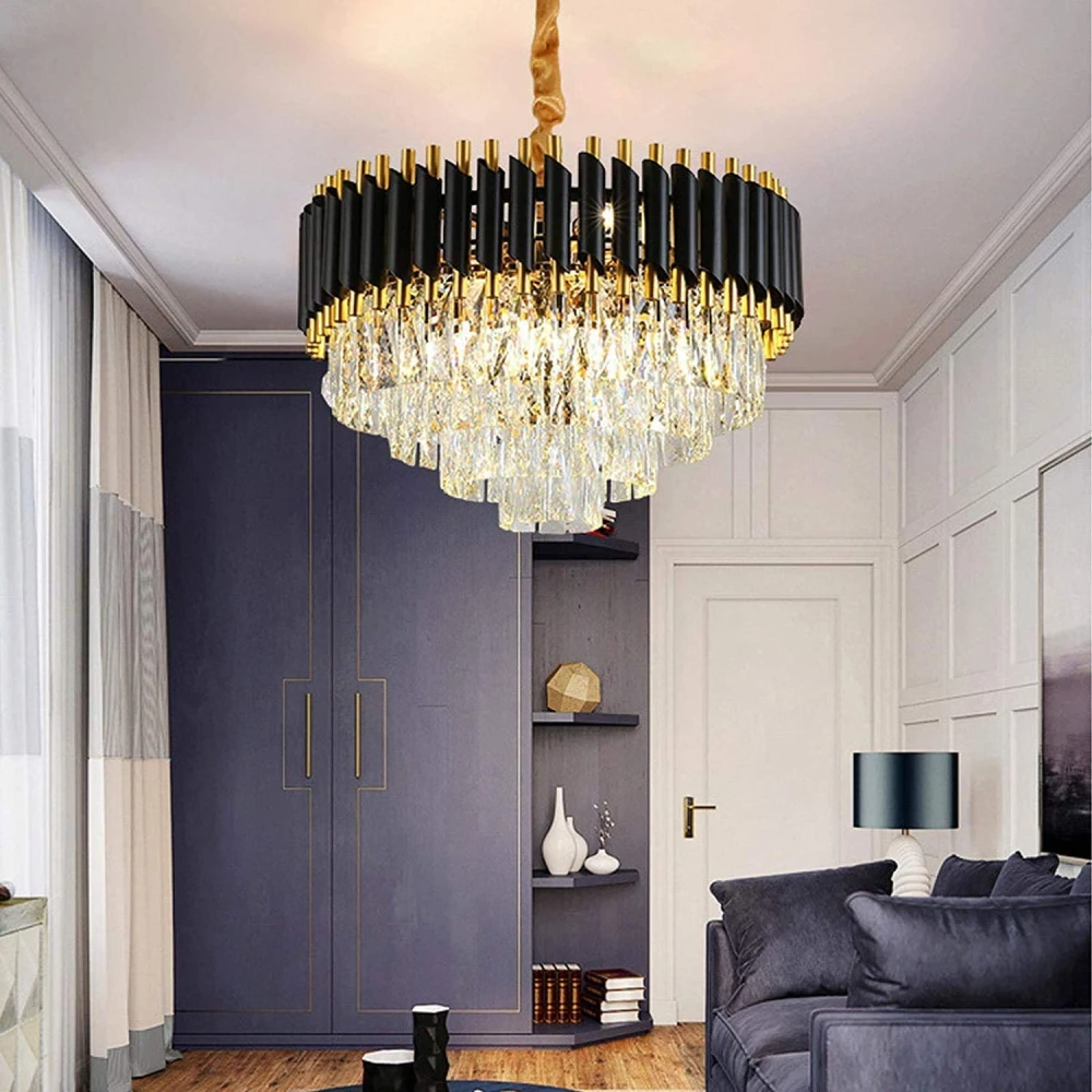 SHRI MAHAL ANTIQUES® 600mm Gold Black Tube Stainless Steel K9 Crystal Pendant Chandelier Ceiling Lights (Warm White)