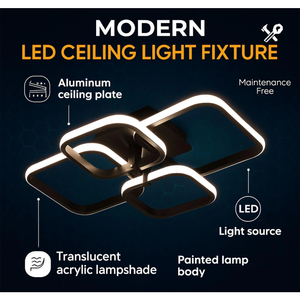 36W Dimmable Modern LED Ceiling Chandelier Light with Remote Control | 3 Colour Temperature (3000K/6500K) Flush Mount Fancy Square Ring Ceiling Lamp for Living Room Bedroom Hall Office Lighting
