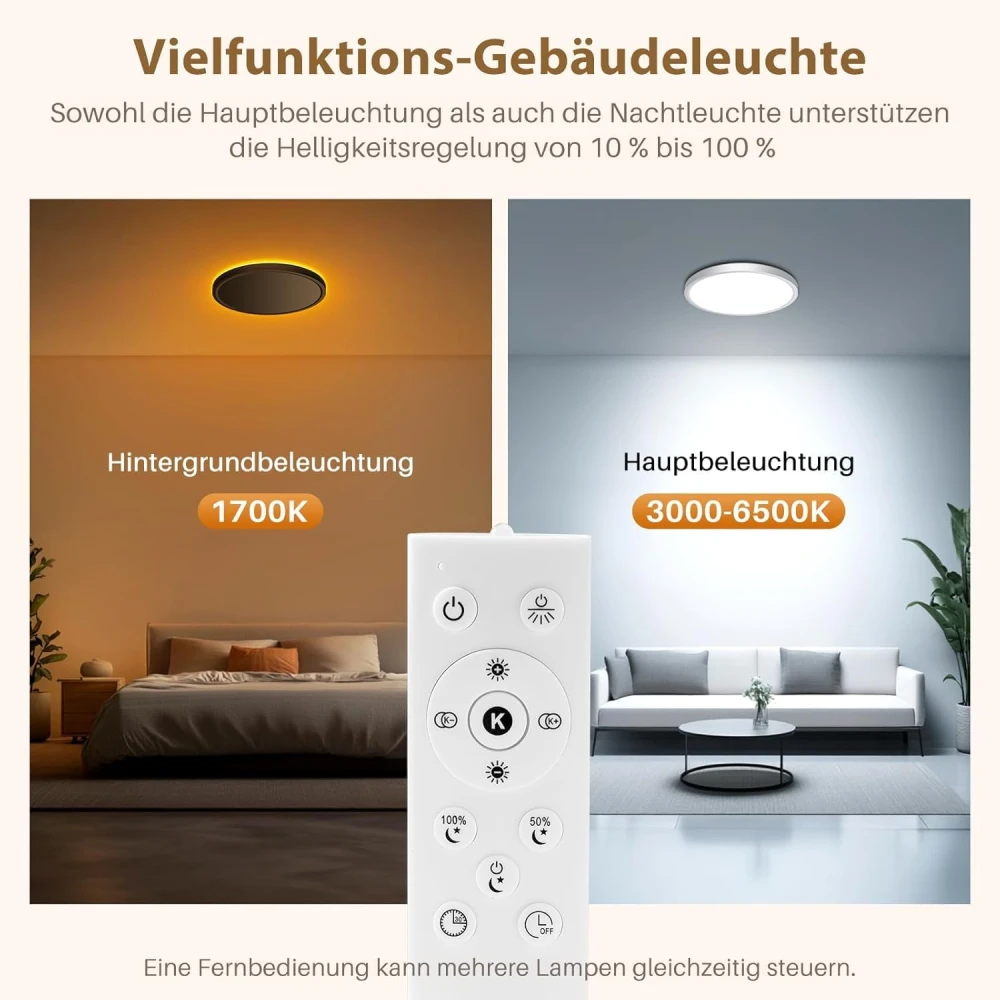 SHRI MAHAL ANTIQUES Dimmable with Remote Control - 18 W Diameter 22 cm Ceiling Light + 1700 K Night Light in Warm White - LED Ceiling Light Flat for Living Room, Bedroom and Hallway
