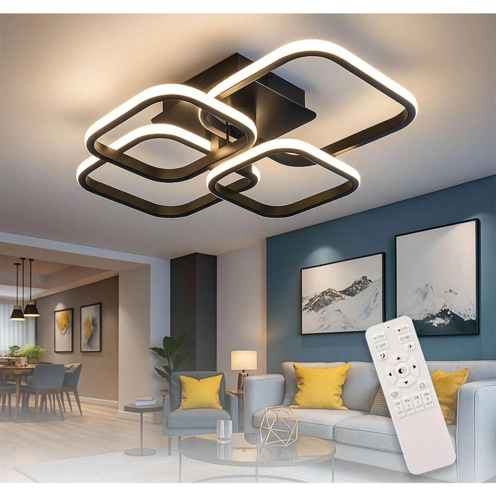 PRMOAGEN 36W Dimmable Modern LED Ceiling Chandelier Light with Remote Control | 3 Colour Temperature (3000K/6500K) Flush Mount Fancy Square Ring Ceiling Lamp for Living Room Bedroom Hall Office
