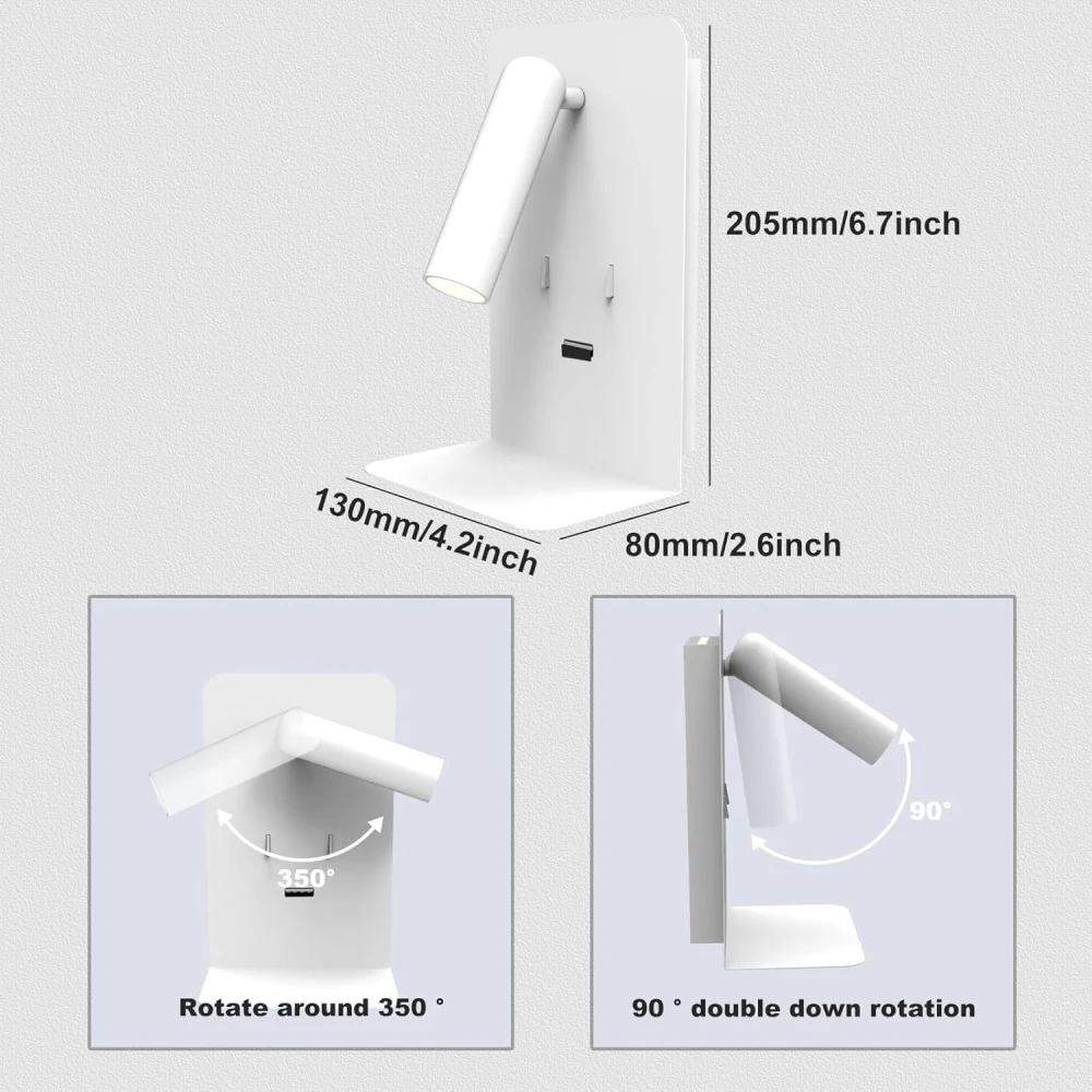 SHRI MAHAL ANTIQUES Wall Mounted Reading Lights with Shelf, LED Novelty Wall Sconce with Backlight USB 5V Phone Fast Charging Port for Bedroom Home Decor (White)