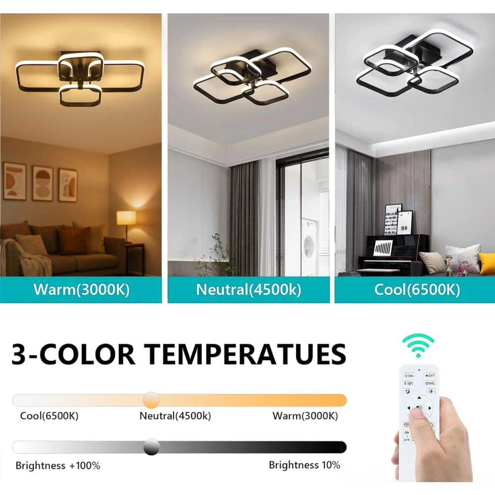 PRMOAGEN 36W Dimmable Modern LED Ceiling Chandelier Light with Remote Control | 3 Colour Temperature (3000K/6500K) Flush Mount Fancy Square Ring Ceiling Lamp for Living Room Bedroom Hall Office