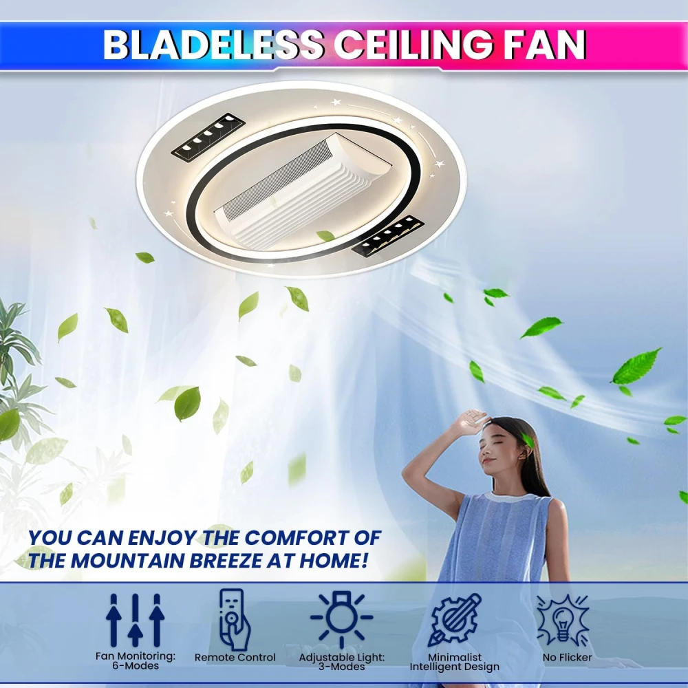 PRMOAGEN Bladeless Ceiling Fan with Integrated LED Lighting | Remote Control | Chandelier for Living Room Bed Room Hall Hotel Restaurant