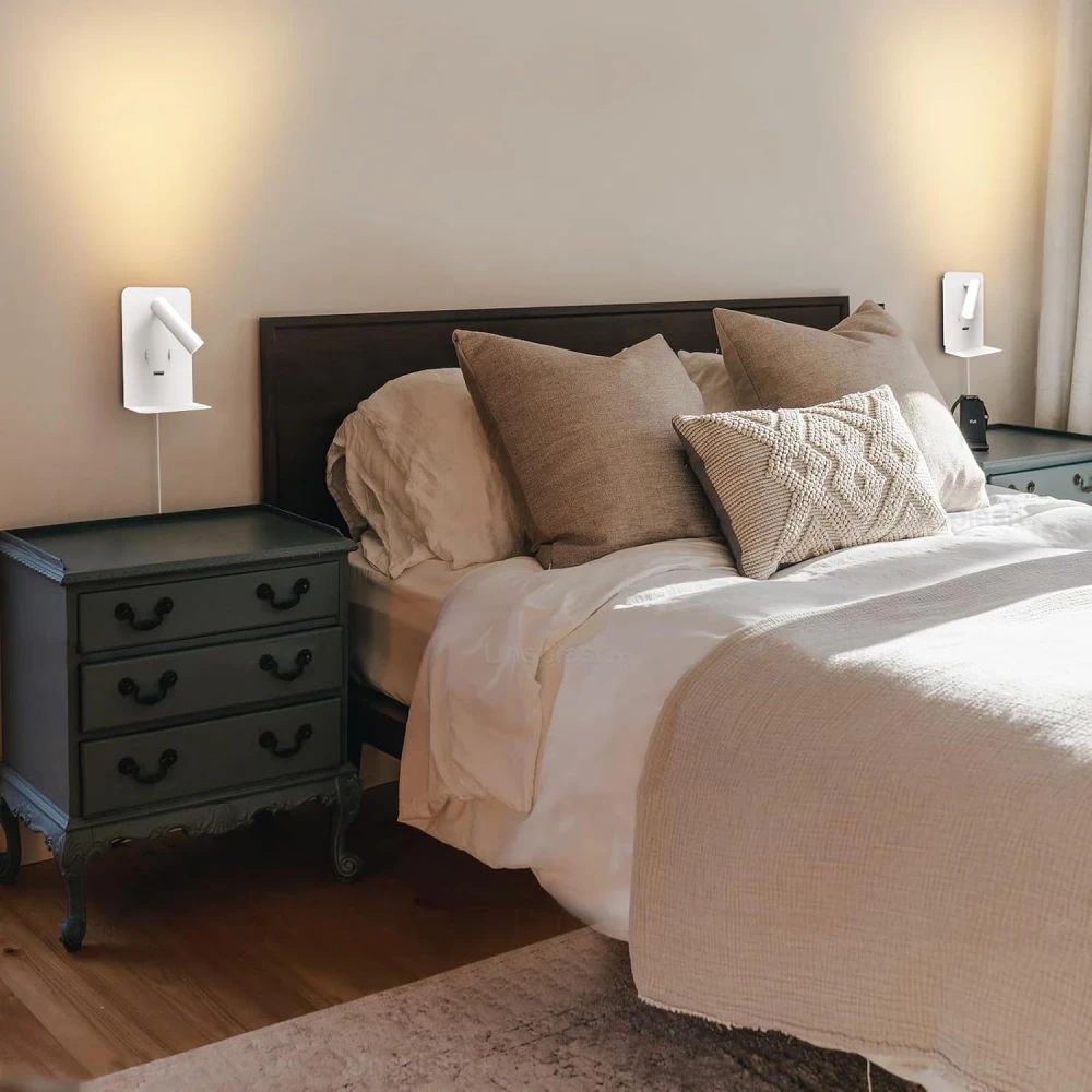 SHRI MAHAL ANTIQUES Wall Mounted Reading Lights with Shelf, LED Novelty Wall Sconce with Backlight USB 5V Phone Fast Charging Port for Bedroom Home Decor (White)