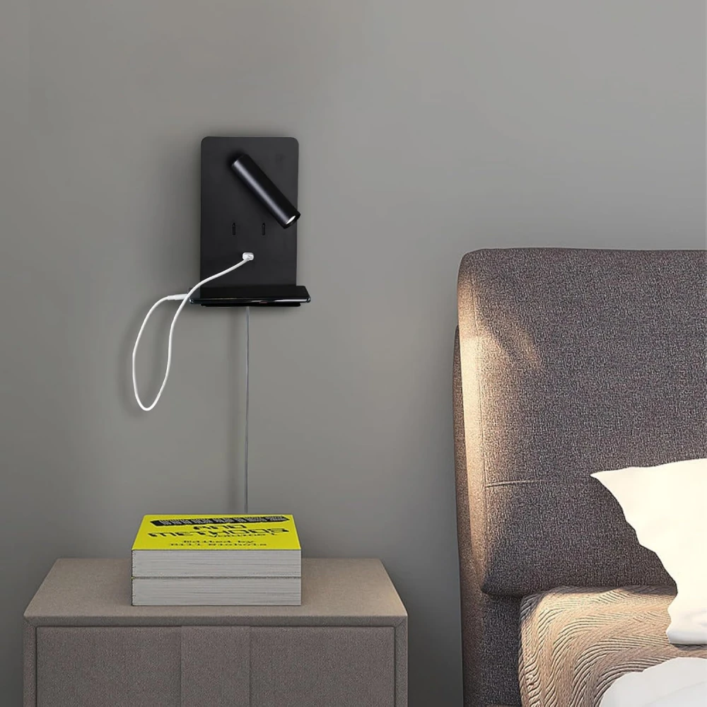 SHRI MAHAL ANTIQUES Wall Mounted Reading Lights with Shelf, LED Novelty Wall Sconce with Backlight USB 5V Phone Fast Charging Port for Bedroom Home Decor (Black)