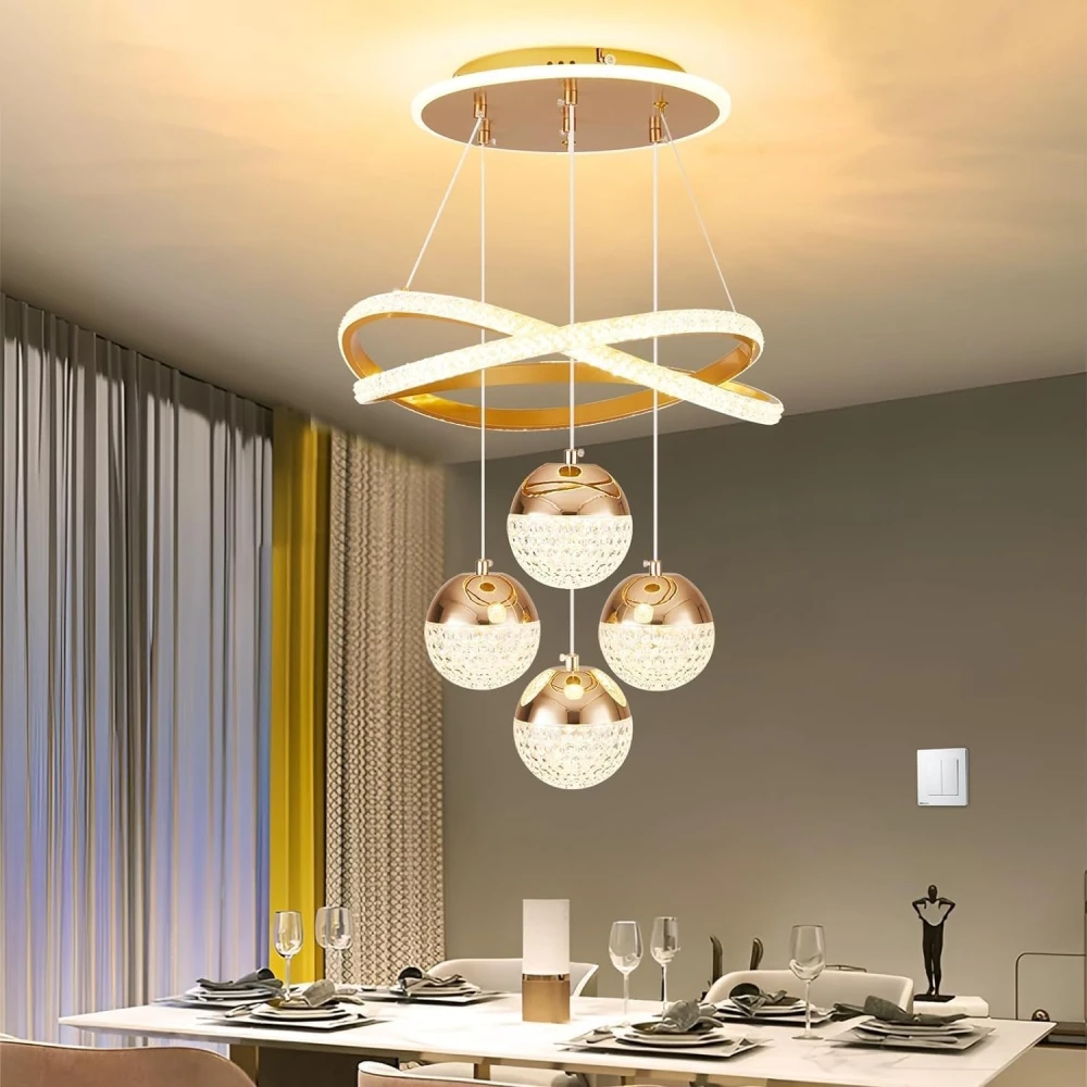 SHRI MAHAL ANTIQUES Modern Gold LED Dining Table Chandelier with Remote Dimmable Pendant Light Suitable for Kitchen Island Dining Room Living Room Modern Ceiling Light Adjustable Height Home Decor