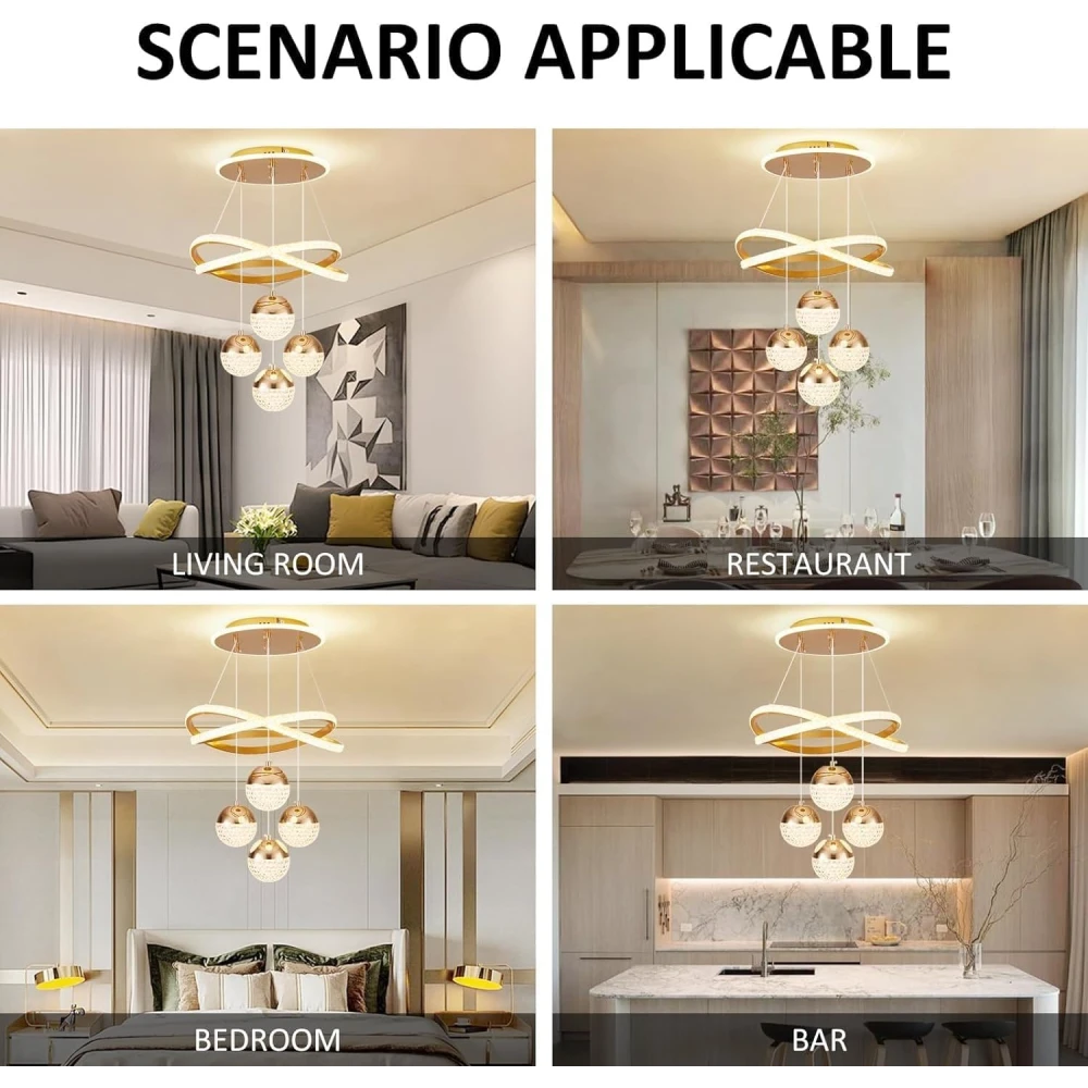 PRMOAGEN Modern Gold LED Dining Table Chandelier with Remote Dimmable Pendant Light Suitable for Kitchen Island Dining Room Living Room Modern Ceiling Light Adjustable Height Home Decor