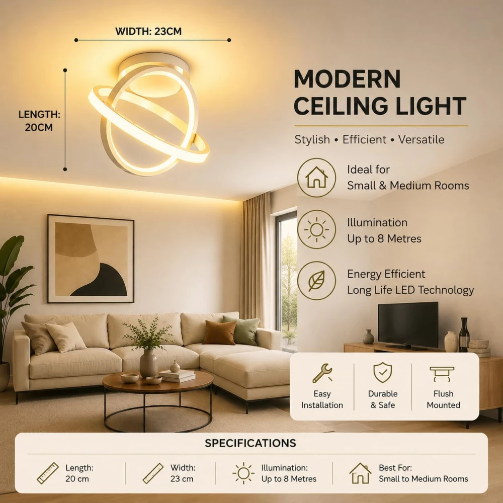Chandelier Light for Ceiling 50W | 23 cm Circular Ring Ceiling Light, Flush Mounted LED Lamp for Living Room, Hall & Bedroom | 3-in-1 Color Changing, Flicker-Free Soft Ambient Light