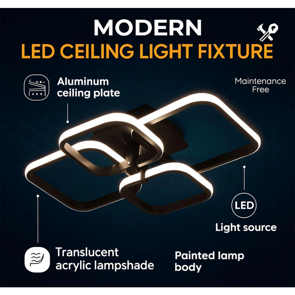 PRMOAGEN 36W Dimmable Modern LED Ceiling Chandelier Light with Remote Control | 3 Colour Temperature (3000K/6500K) Flush Mount Fancy Square Ring Ceiling Lamp for Living Room Bedroom Hall Office