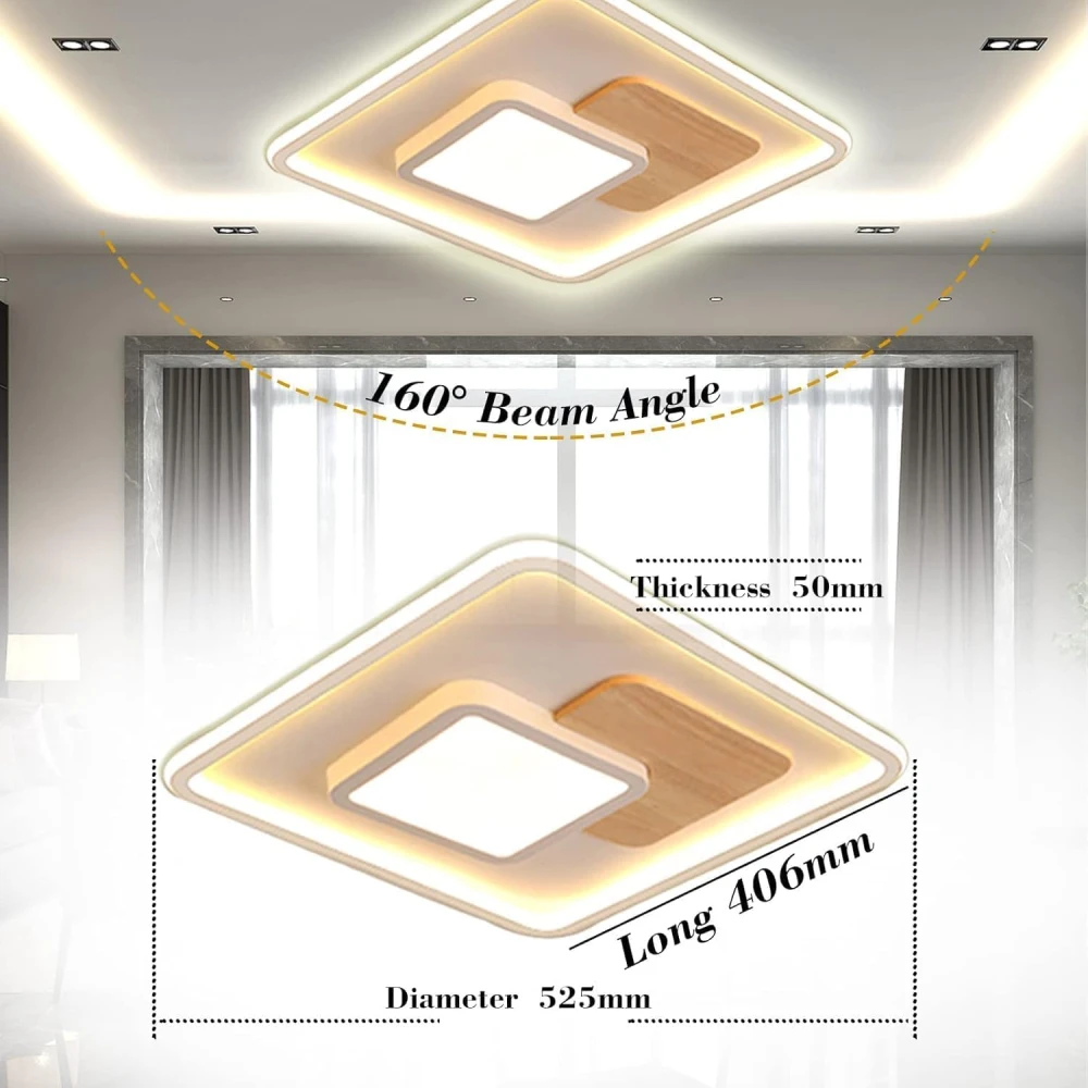 SHRI MAHAL ANTIQUES LED Ceiling Light, Square Wooden Ceiling Light, Dimmable with Remote Control, Modern Wooden Ceiling Light for Bedroom, Children's Room, Living Room, Kitchen (41.5 x 41.5 [Energy