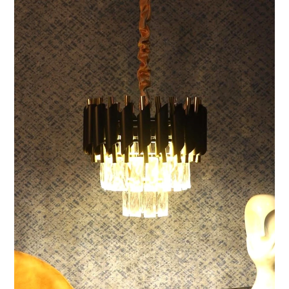 SHRI MAHAL ANTIQUES 300 MM LED Crystal Chandlier | Black & Gold Metal Body | LED Color - Cool White, Neutral White, Warm White | for Home