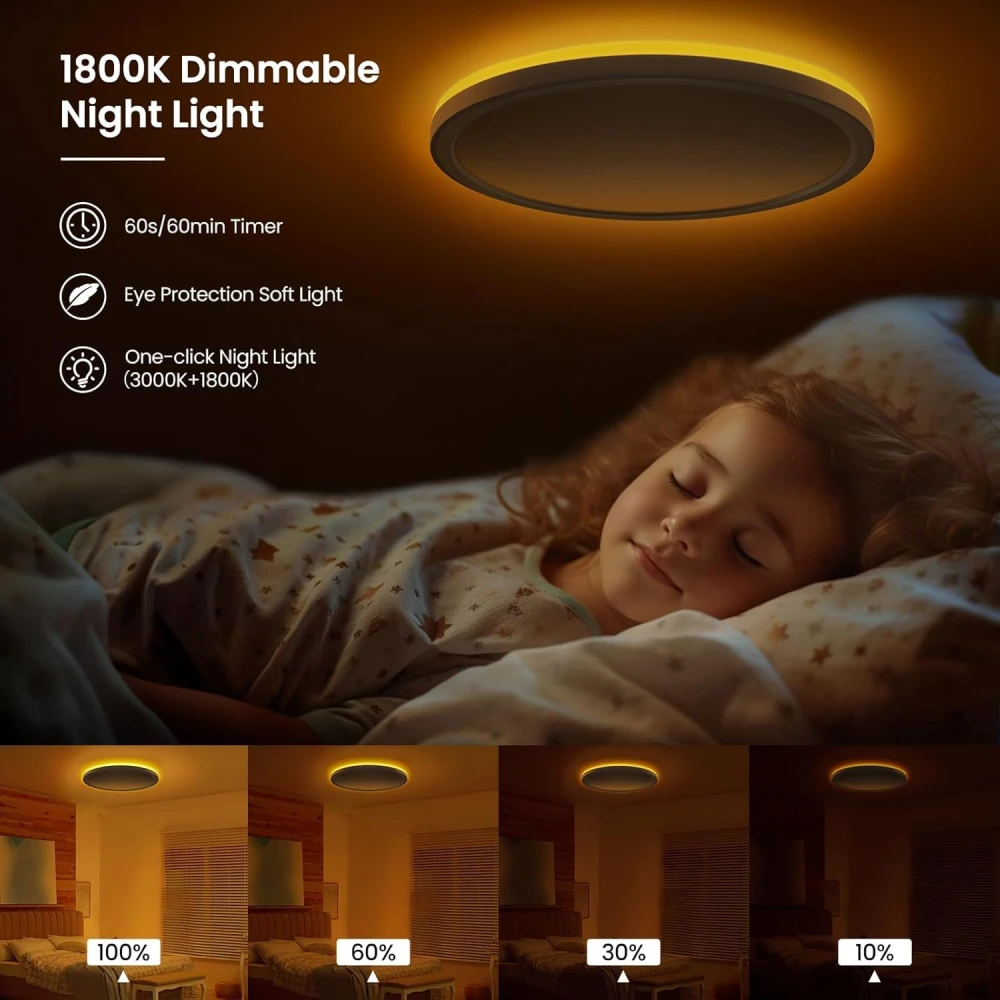 PRMOAGEN LED Ceiling Light Dimmable 24 W 2800 LM, Ceiling Light with Remote Control, 1800 K Dimmable Night Light, 3000 K - 6500 K Bedroom Lamp for Bedroom, Children's Room, Living Room, Bathroom