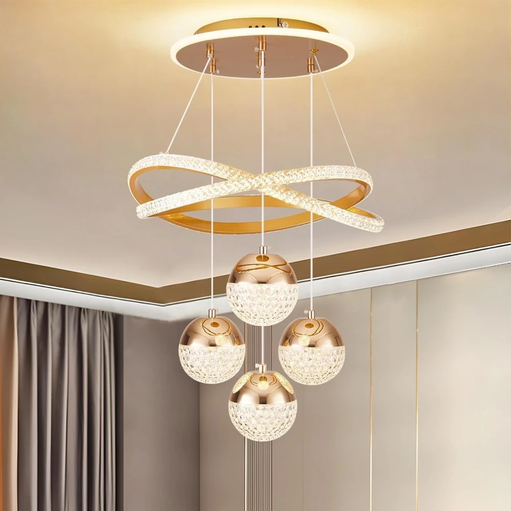 PRMOAGEN Modern Gold LED Dining Table Chandelier with Remote Dimmable Pendant Light Suitable for Kitchen Island Dining Room Living Room Modern Ceiling Light Adjustable Height Home Decor