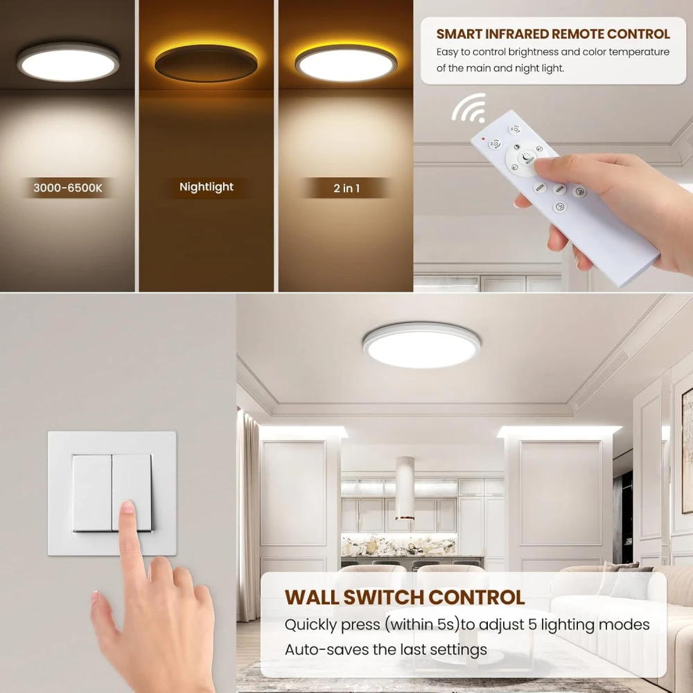 LED Ceiling Light Dimmable 24 W 2800 LM, Ceiling Light with Remote Control, 1800 K Dimmable Night Light, 3000 K - 6500 K Bedroom Lamp for Bedroom, Children's Room, Living Room, Bathroom