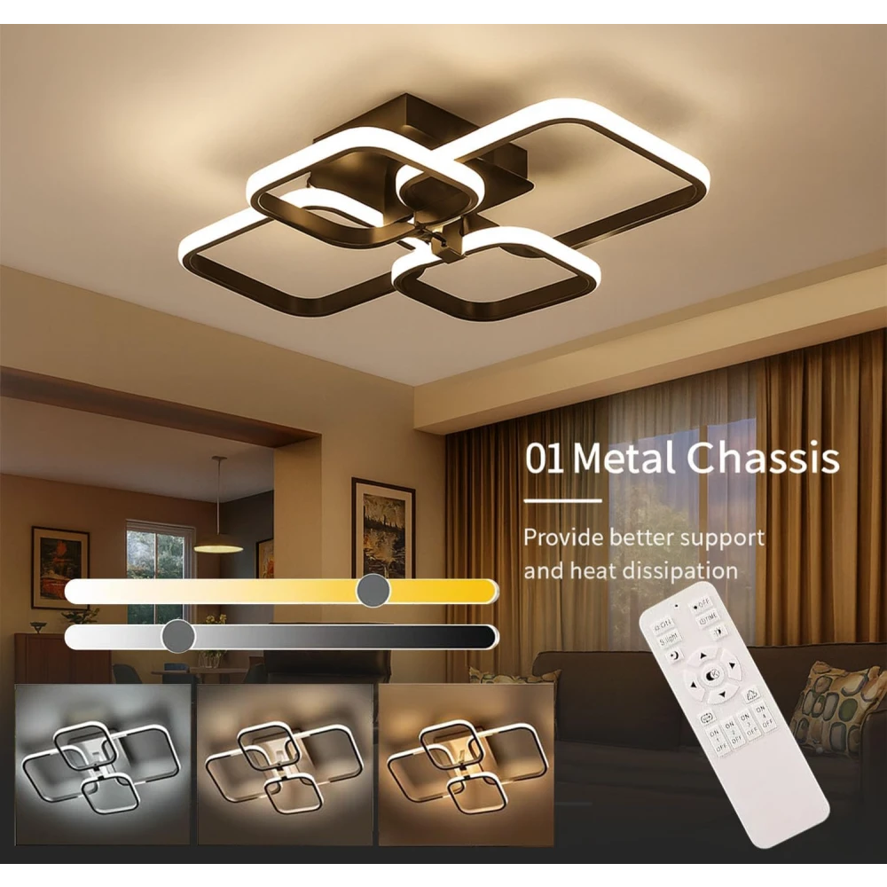 36W Dimmable Modern LED Ceiling Chandelier Light with Remote Control | 3 Colour Temperature (3000K/6500K) Flush Mount Fancy Square Ring Ceiling Lamp for Living Room Bedroom Hall Office Lighting