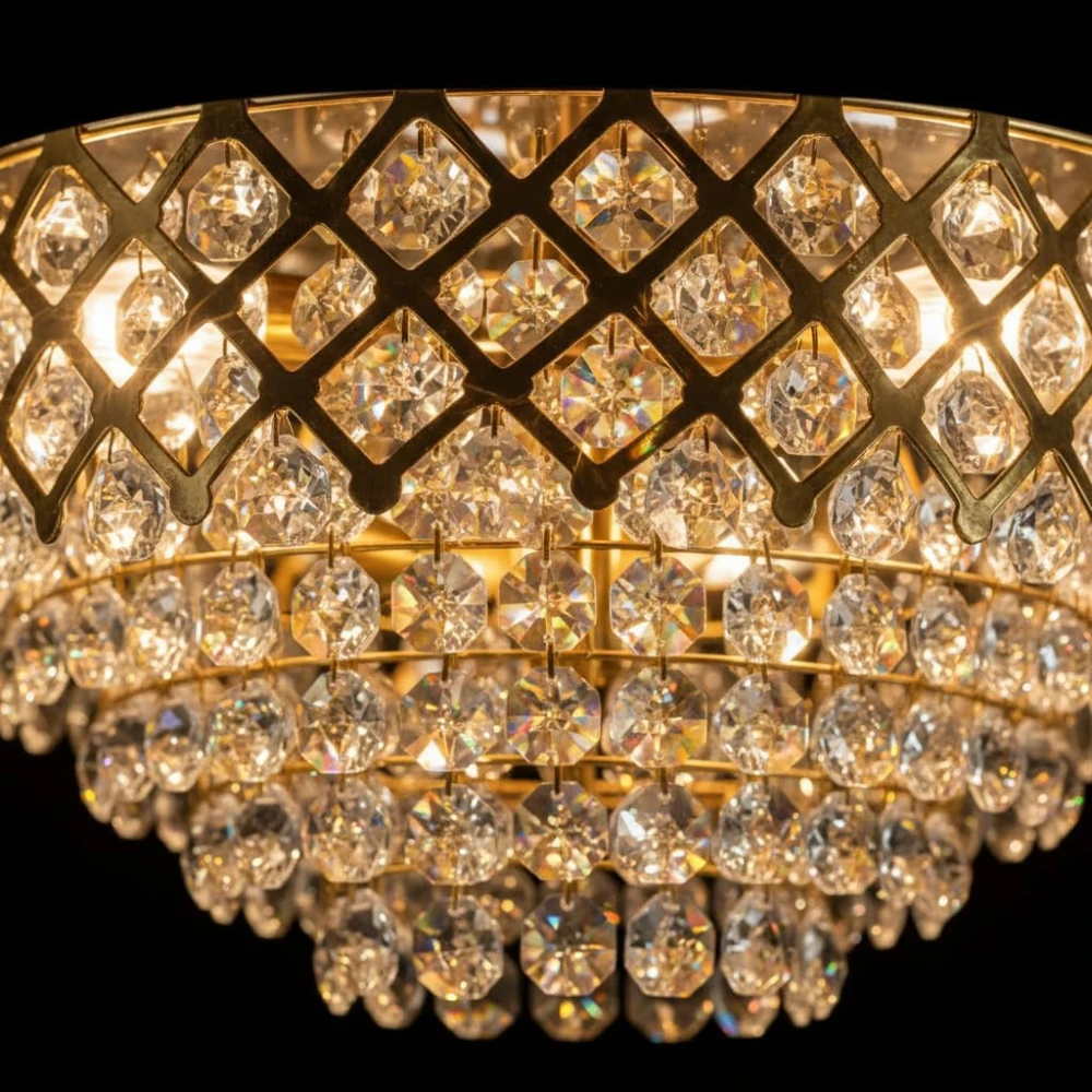 SHRI MAHAL ANTIQUES Designs Round Shape 300MM Golden Color S4 Diamond Cut White Crystal Standard Celling Pendant Lamp with 4 E14 Bulb Inluded Gold Light Chandelier for Bedroom (30 * 70 CM)