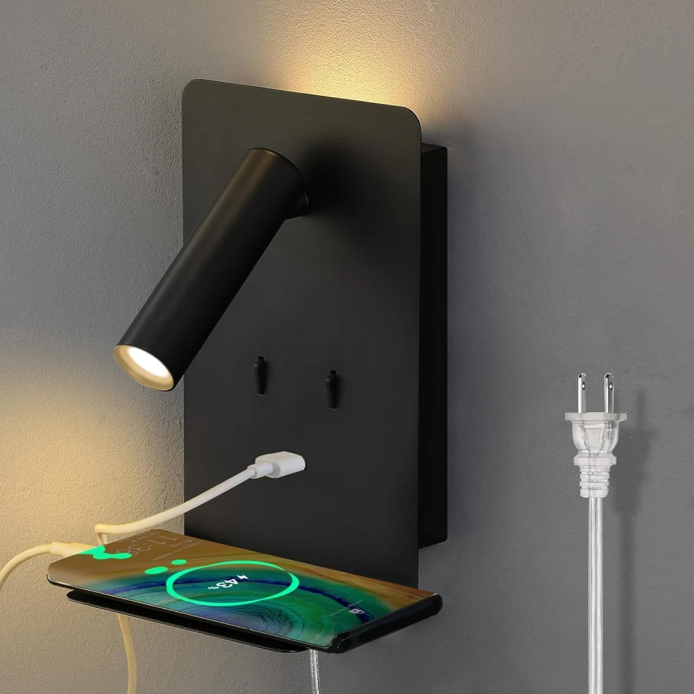 SHRI MAHAL ANTIQUES Wall Mounted Reading Lights with Shelf, LED Novelty Wall Sconce with Backlight USB 5V Phone Fast Charging Port for Bedroom Home Decor (Black)