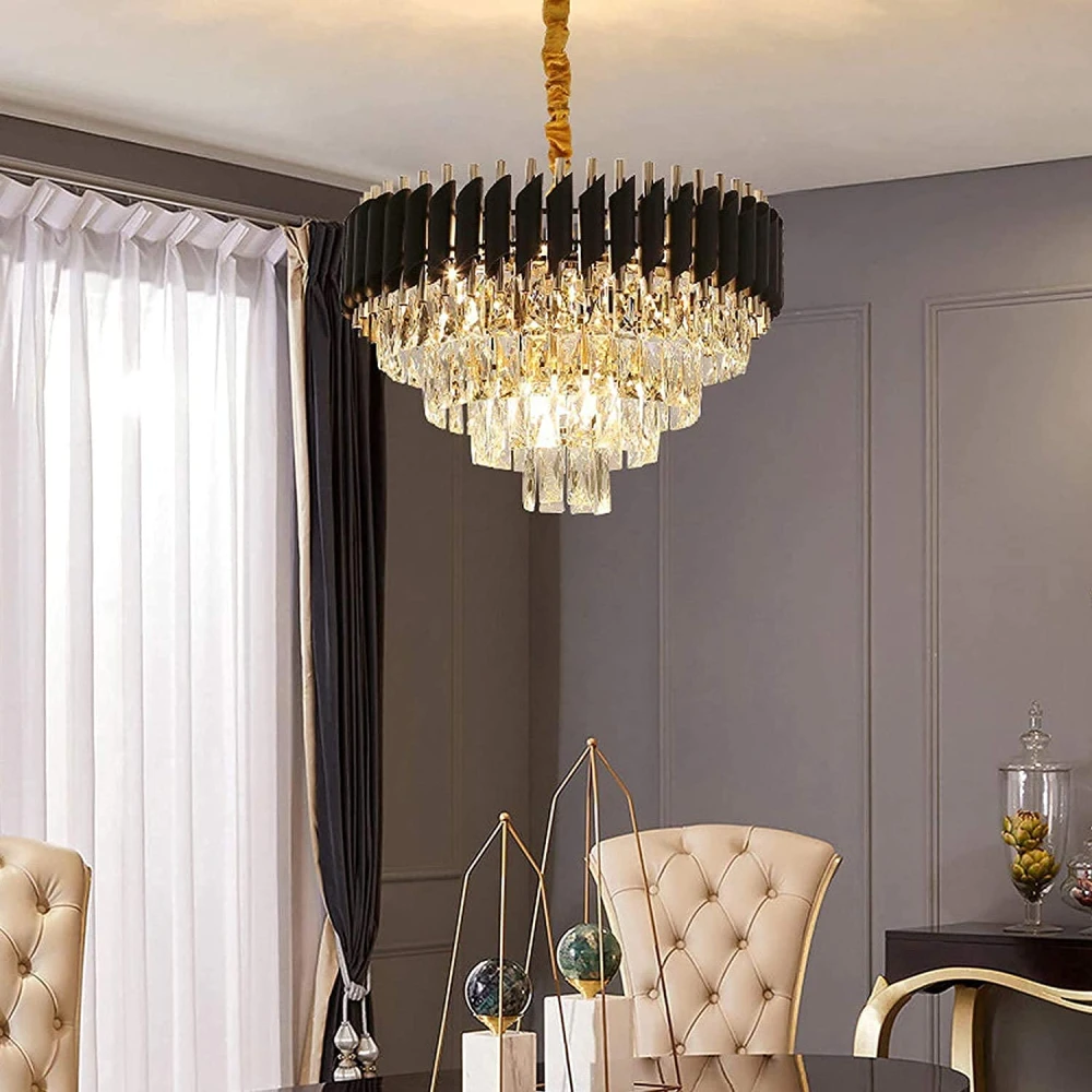 SHRI MAHAL ANTIQUES® 600mm Gold Black Tube Stainless Steel K9 Crystal Pendant Chandelier Ceiling Lights (Warm White)