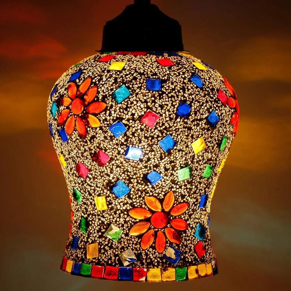 SHRI MAHAL ANTIQUES Handcrafted Temple Bell Shaped Mosaic Crystal Decorated Glass Hanging Light Pendants Ceiling Lamp (Multicolor)