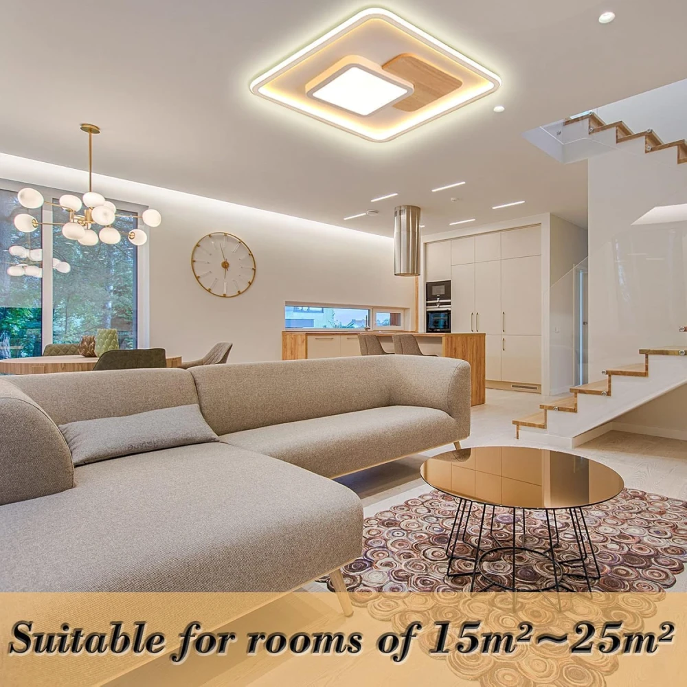 SHRI MAHAL ANTIQUES LED Ceiling Light, Square Wooden Ceiling Light, Dimmable with Remote Control, Modern Wooden Ceiling Light for Bedroom, Children's Room, Living Room, Kitchen (41.5 x 41.5 [Energy