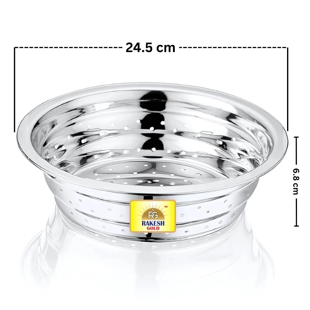 Rakesh Gold Stainless Steel Colander & Strainer for Kitchen Use – Multi-Use Channi/Steel Chalni with Holes for Washing Rice, Fruits, Vegetables & Wheat (Regular Size) (Regular Size, Colander)