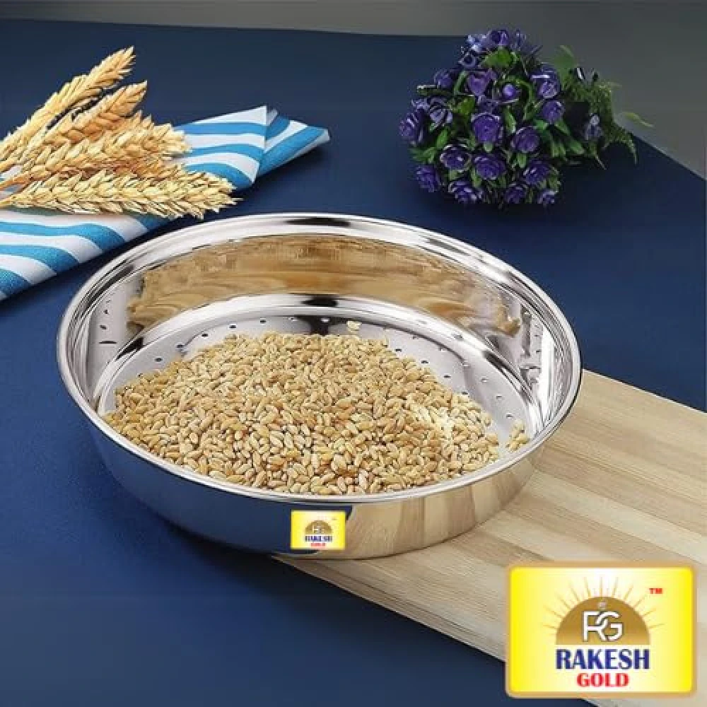 Rakesh Gold Stainless Steel Colander & Strainer for Kitchen Use – Multi-Use Channi/Steel Chalni with Holes for Washing Rice, Fruits, Vegetables & Wheat (Regular Size) (Large Size, Hole CHALNI)