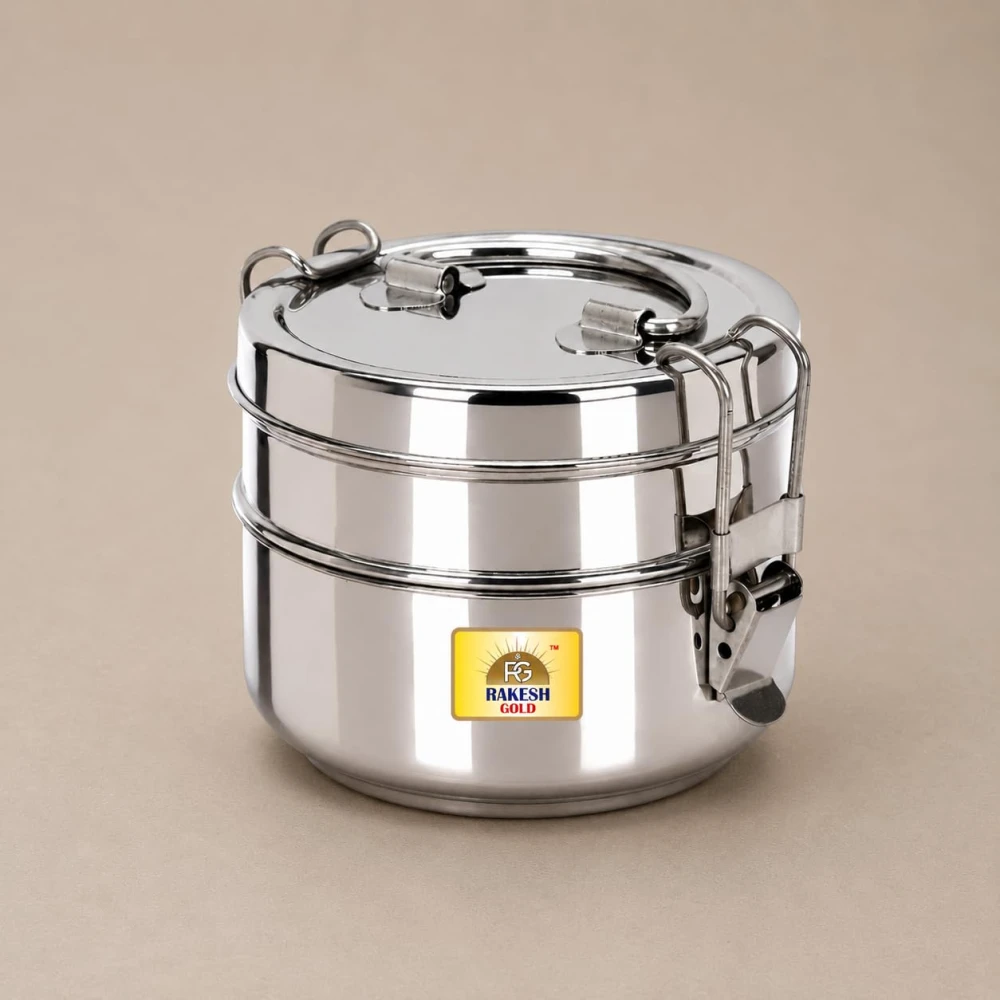 Rakesh Gold Lunch Box for Everyday Use, Portable Meal Container for School, Office, and Travel (2 TIRE, Small)