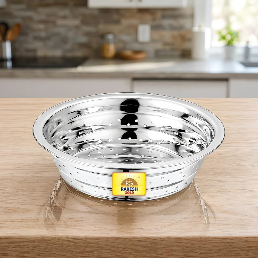 Rakesh Gold Stainless Steel Colander & Strainer for Kitchen Use – Multi-Use Channi/Steel Chalni with Holes for Washing Rice, Fruits, Vegetables & Wheat (Regular Size) (Large Size, Colander)