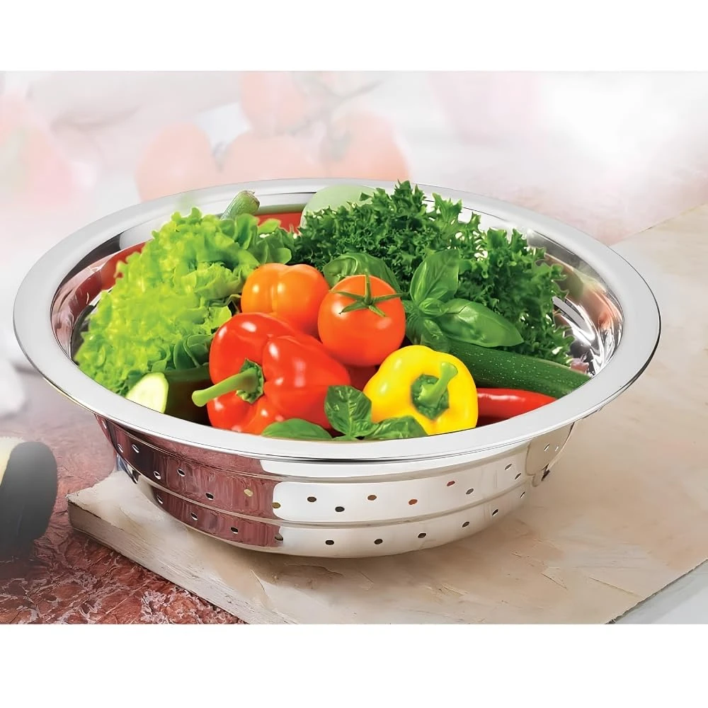 Rakesh Gold Stainless Steel Colander & Strainer for Kitchen Use – Multi-Use Channi/Steel Chalni with Holes for Washing Rice, Fruits, Vegetables & Wheat (Regular Size) (Regular Size, Colander)