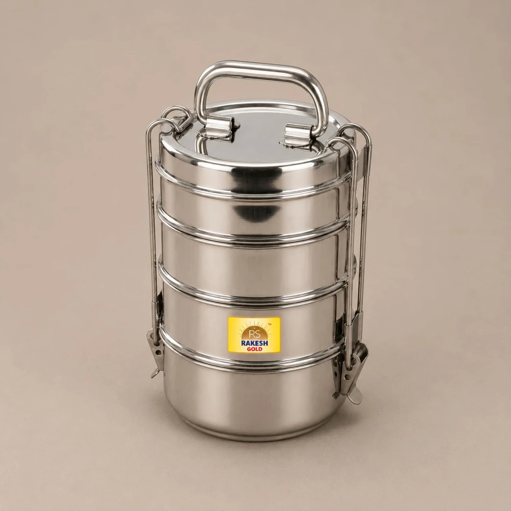 Rakesh Gold Lunch Box for Everyday Use, Portable Meal Container for School, Office, and Travel (4 TIRE, Small)