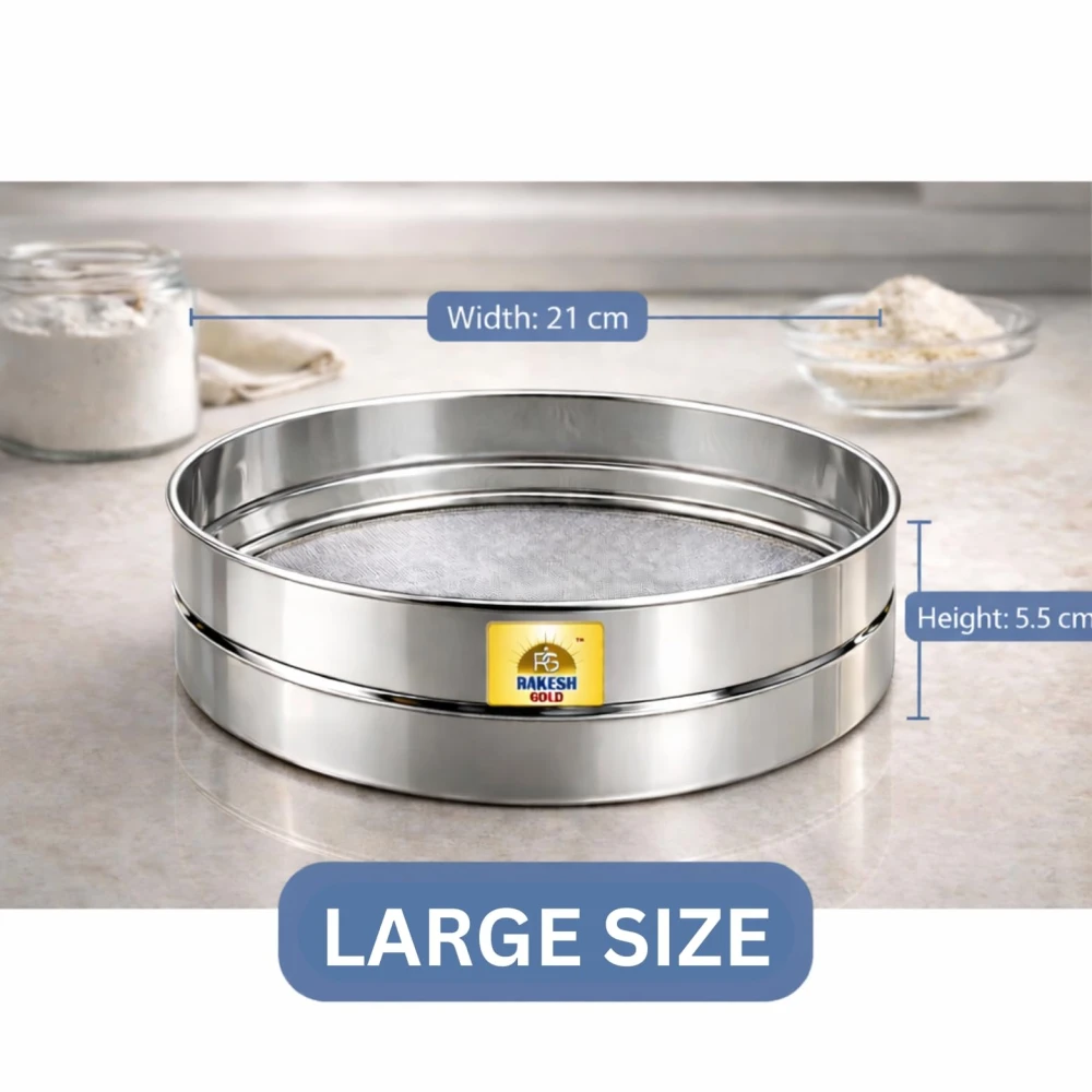Rakesh Gold Large Stainless Steel Atta & Suji Chalni | Fine Mesh Steel Sieve | Heavy Duty Food Grade Kitchen Channi | Premium Stainless Steel Flour Sieve (Large Size, Atta and Suji CHALNI)