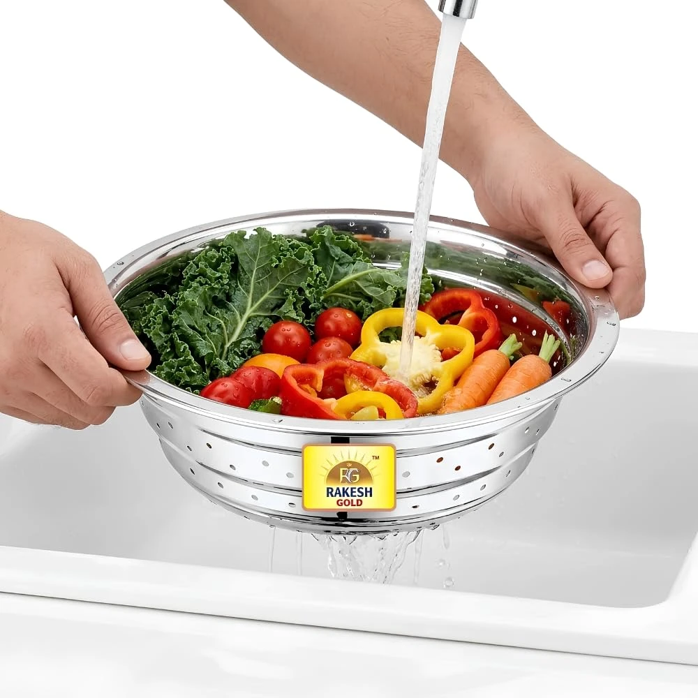 Rakesh Gold Stainless Steel Colander & Strainer for Kitchen Use – Multi-Use Channi/Steel Chalni with Holes for Washing Rice, Fruits, Vegetables & Wheat (Regular Size) (Large Size, Colander)