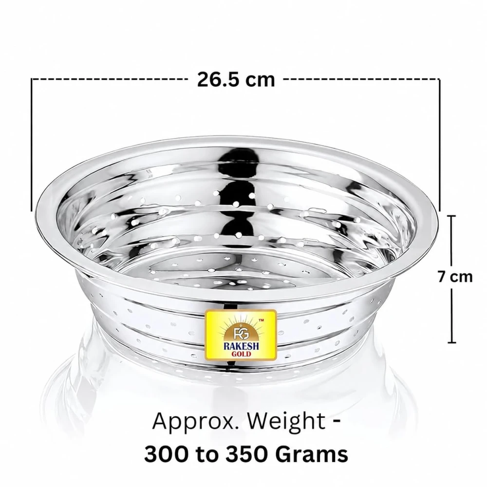 Rakesh Gold Stainless Steel Colander & Strainer for Kitchen Use – Multi-Use Channi/Steel Chalni with Holes for Washing Rice, Fruits, Vegetables & Wheat (Regular Size) (Large Size, Colander)