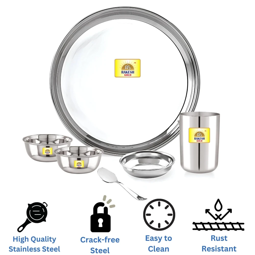 Rakesh Gold Steel Hammered Style Thali Set of 6 | Heavy Gauge Mathar Style Dinner Set – 1 Thali, 2 Bowls, 1 Plate, 1 Glass & 1 Spoon | 6 pcs thali Set for Home and Gifting (Heavy Plain Set, Regular)