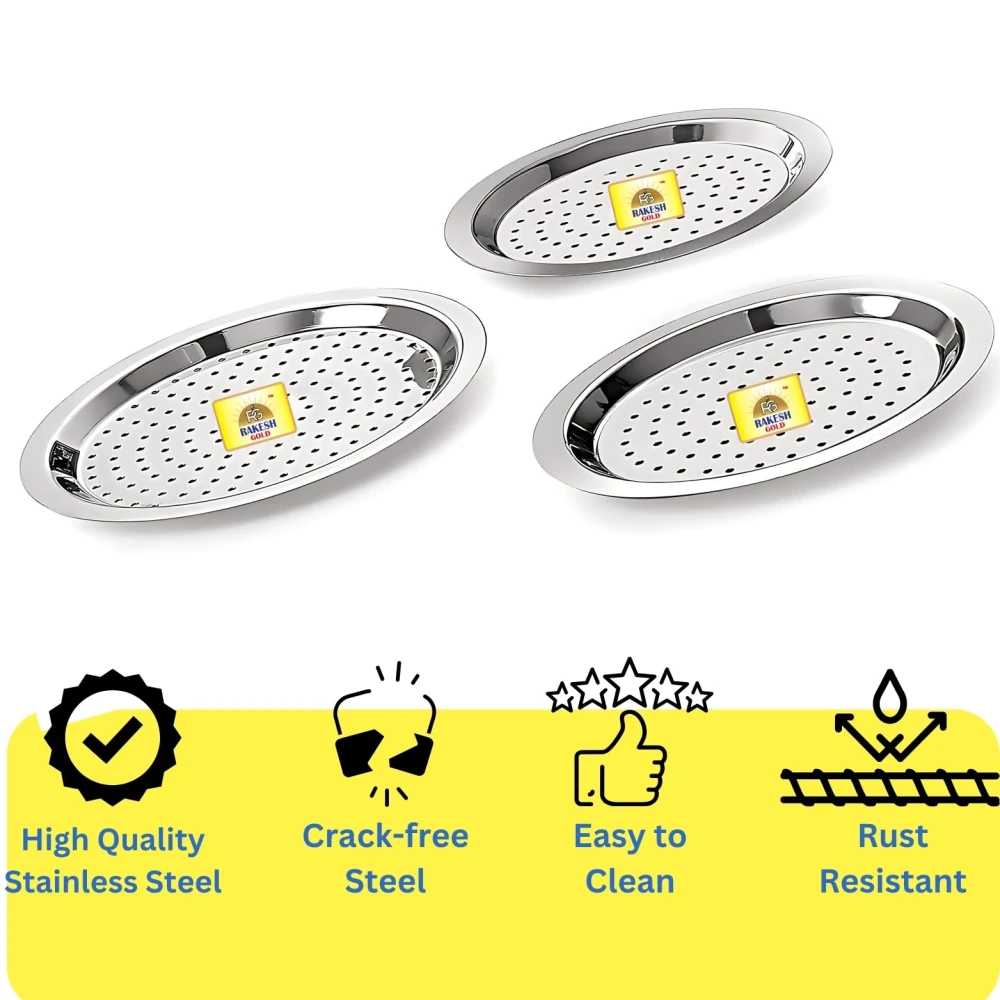 Rakesh Gold Stainless Steel Heavy Gauge Lids for Utensils | Steel lid with hole for tope, pans, tapeli, multiuse- Dishwasher safe and BPA free ((2pcs) Hole lids, Regular)