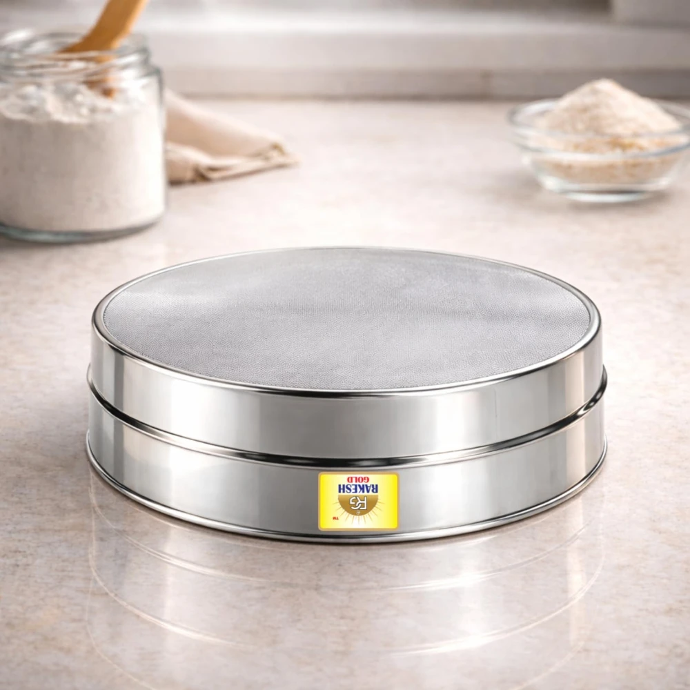 Rakesh Gold Large Stainless Steel Atta & Suji Chalni | Fine Mesh Steel Sieve | Heavy Duty Food Grade Kitchen Channi | Premium Stainless Steel Flour Sieve (Large Size, Atta and Suji CHALNI)