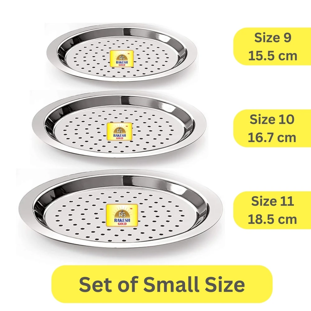 Rakesh Gold Stainless Steel Heavy Gauge Hole Lids for Utensils | Steel lid with hole for tope, pans, tapeli, multiuse- Dishwasher safe and BPA free (3, (3pcs) Hole lids, Small)