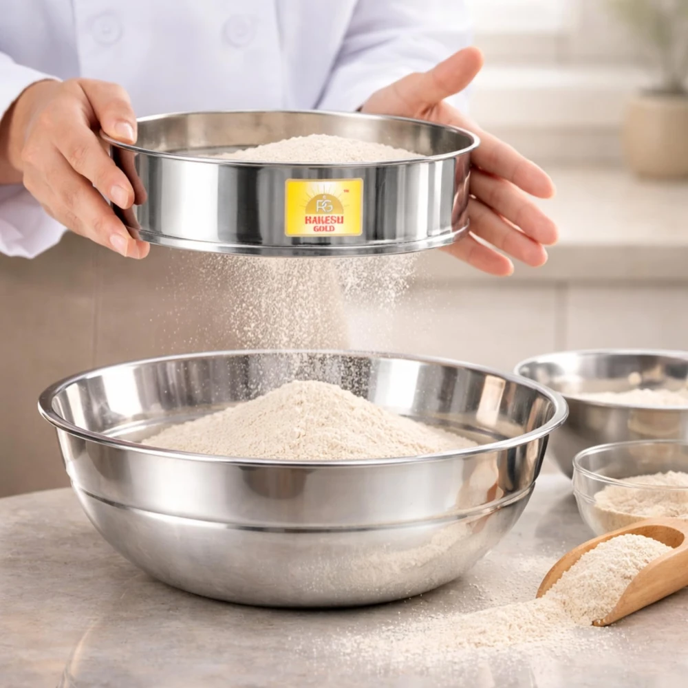 Rakesh Gold Large Stainless Steel Atta & Suji Chalni | Fine Mesh Steel Sieve | Heavy Duty Food Grade Kitchen Channi | Premium Stainless Steel Flour Sieve (Large Size, Atta and Suji CHALNI)