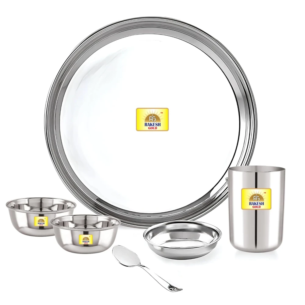 Rakesh Gold Steel Hammered Style Thali Set of 6 | Heavy Gauge Mathar Style Dinner Set – 1 Thali, 2 Bowls, 1 Plate, 1 Glass & 1 Spoon | 6 pcs thali Set for Home and Gifting (Heavy Plain Set, Large)