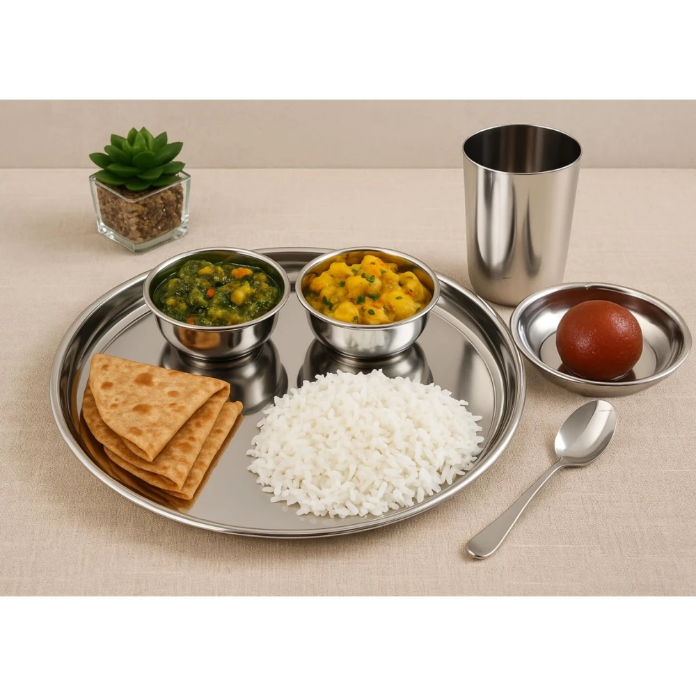 Rakesh Gold Steel Hammered Style Thali Set of 6 | Heavy Gauge Mathar Style Dinner Set – 1 Thali, 2 Bowls, 1 Plate, 1 Glass & 1 Spoon | 6 pcs thali Set for Home and Gifting (Heavy Plain Set, Small)