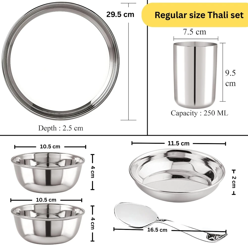 Rakesh Gold Steel Hammered Style Thali Set of 6 | Heavy Gauge Mathar Style Dinner Set – 1 Thali, 2 Bowls, 1 Plate, 1 Glass & 1 Spoon | 6 pcs thali Set for Home and Gifting (Heavy Plain Set, Regular)