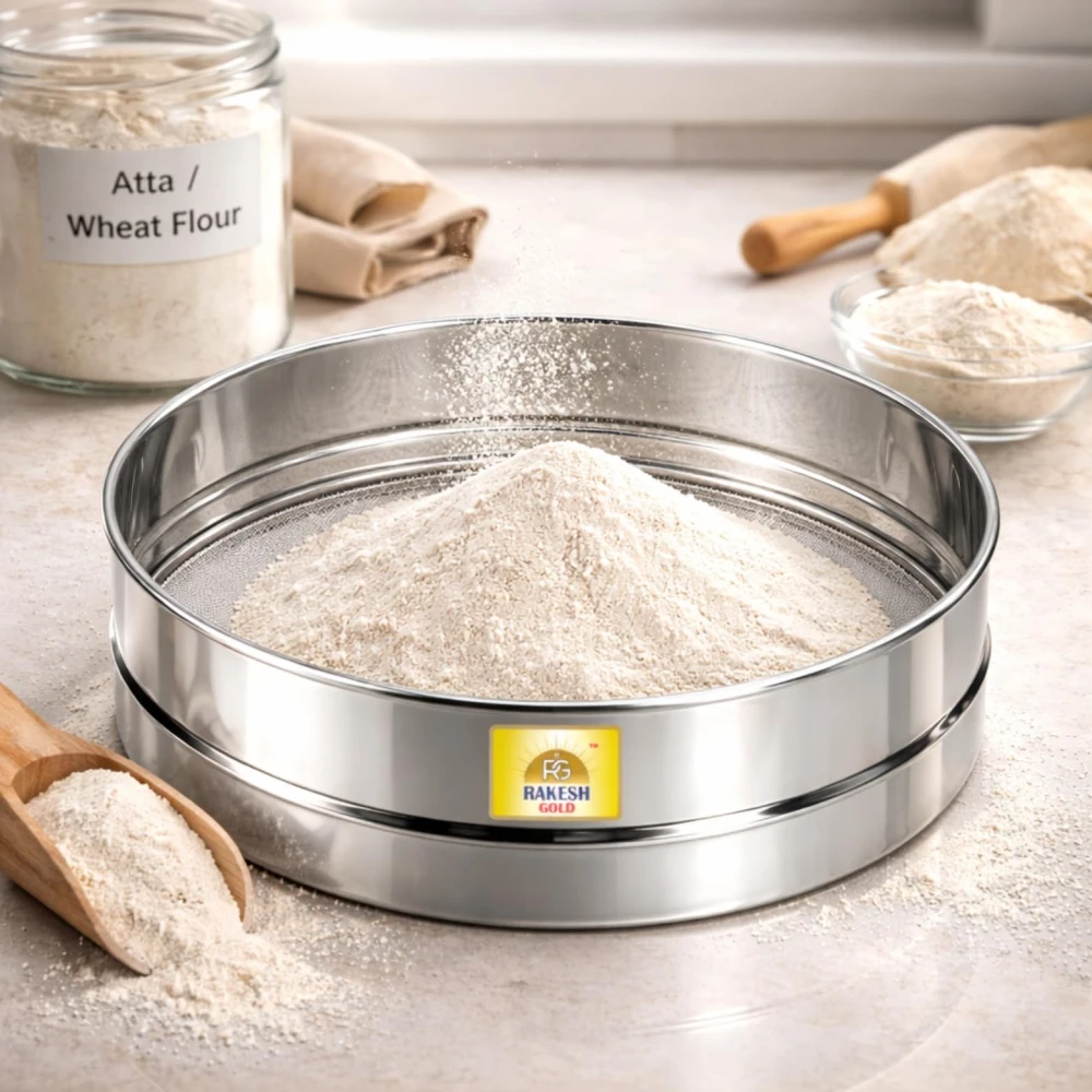 Rakesh Gold Large Stainless Steel Atta & Suji Chalni | Fine Mesh Steel Sieve | Heavy Duty Food Grade Kitchen Channi | Premium Stainless Steel Flour Sieve (Large Size, Atta and Suji CHALNI)
