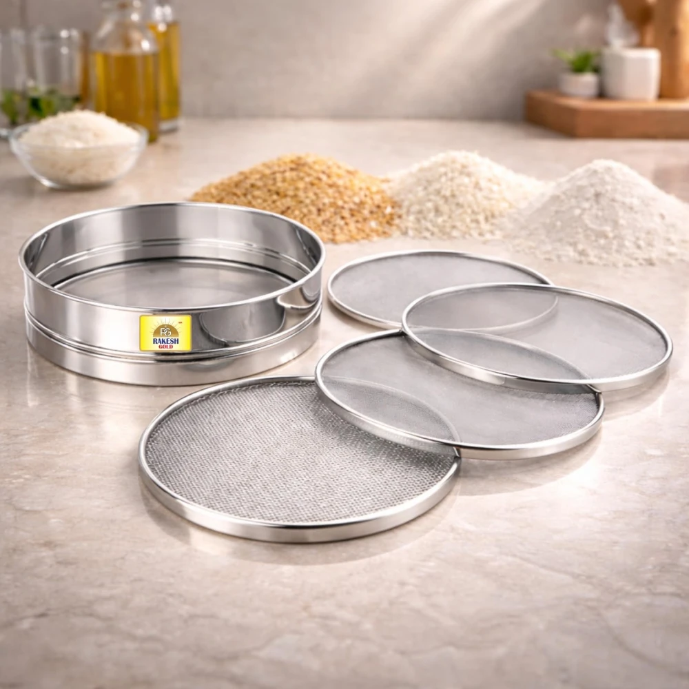 Rakesh Gold Stainless Steel Colander & Strainer for Kitchen Use – Multi-Use Channi/Steel Chalni with Holes for Washing Rice, Fruits, Vegetables & Wheat (Regular Size) (Regular Size, 4 in 1 CHALNI)
